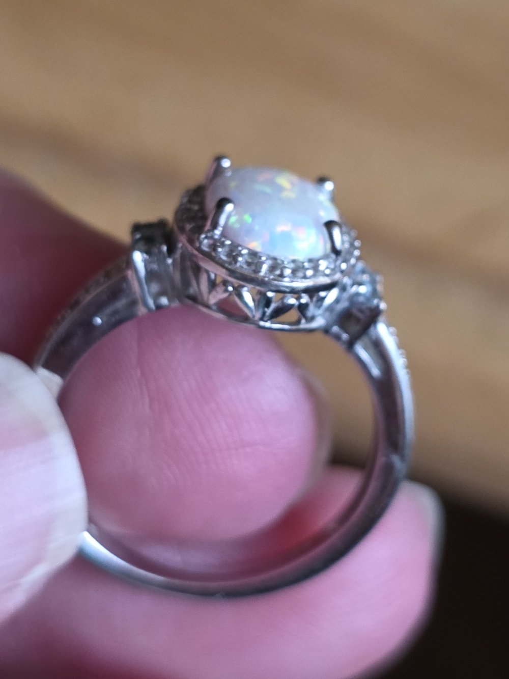 Oval White Opal Halo Ring with Silver-Tone Band - Picture 3 of 3
